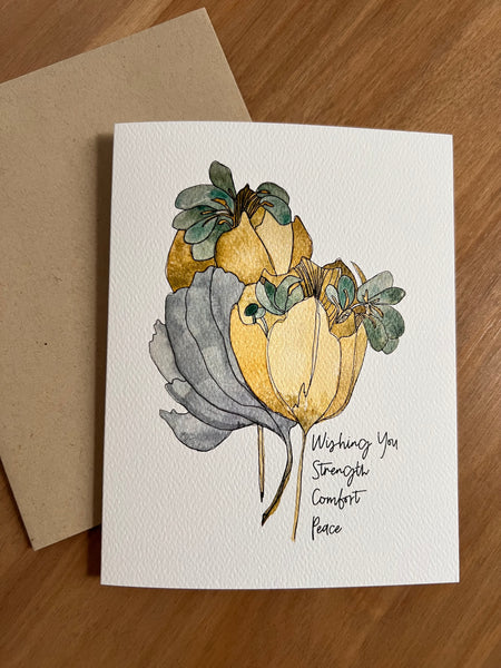Sympathy Card / strength, comfort and peace / watercolor and ink / single folded card / blank inside / Kraft envelope
