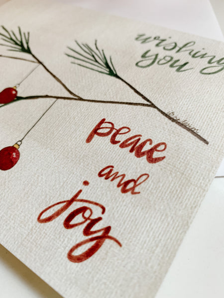 Christmas card, Wishing you Peace and Joy, watercolor and ink / Holiday card blank inside / White or Kraft envelope
