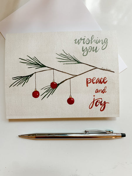Christmas card, Wishing you Peace and Joy, watercolor and ink / Holiday card blank inside / White or Kraft envelope