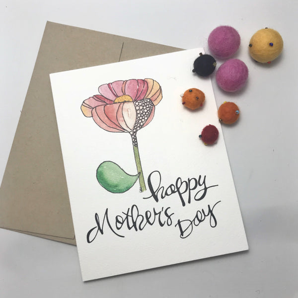 Mother's Day Card /flower stem / watercolor and ink / single folded card / blank inside / Kraft envelope