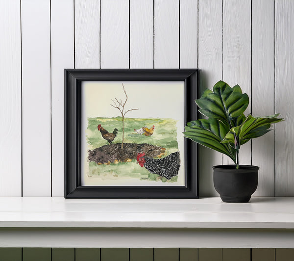 Free ranging chickens, ORIGINAL (not print) 10 X 10 Watercolor Painting