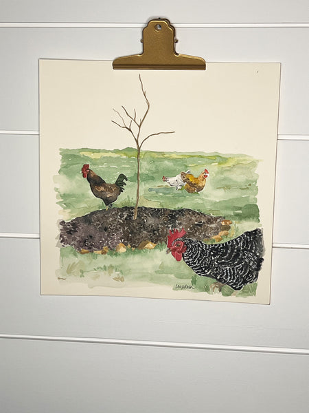 Free ranging chickens, ORIGINAL (not print) 10 X 10 Watercolor Painting