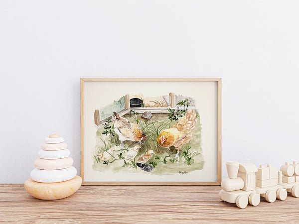 Grandma Hen, Mama Hen and chicks, ORIGINAL (not print) 10 X 7 inches Watercolor Painting