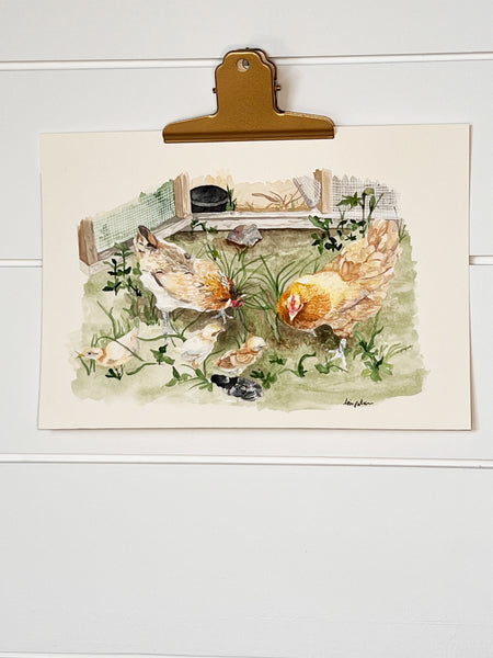 Grandma Hen, Mama Hen and chicks, ORIGINAL (not print) 10 X 7 inches Watercolor Painting
