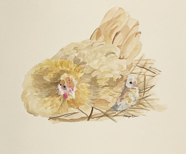 Mama Hen and her chick, ORIGINAL (not print) FRAMED Watercolor Painting