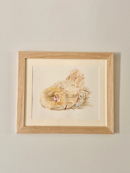 Mama Hen and her chick, ORIGINAL (not print) FRAMED Watercolor Painting
