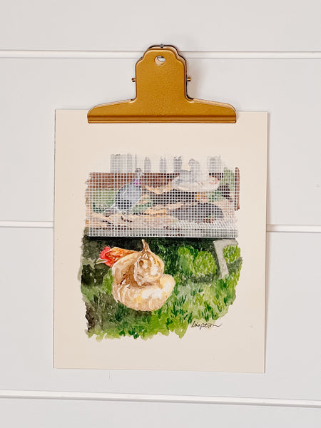 quail and hen on the farm, ORIGINAL (not print) 5 3/4 X 7 inches Watercolor Painting