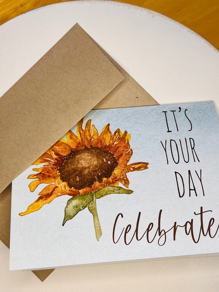 Watercolor Sunflower Birthday Card, Celebrate Special Event (Kraft Envelope)