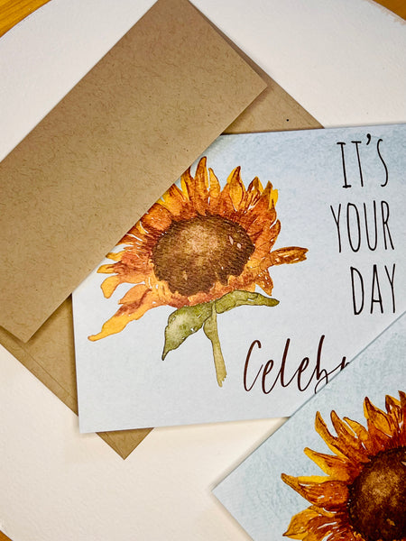 Watercolor Sunflower Birthday Card, Celebrate Special Event (Kraft Envelope)
