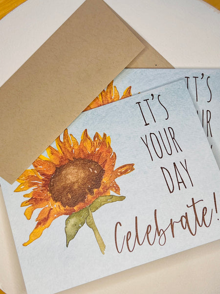 Watercolor Sunflower Birthday Card, Celebrate Special Event (Kraft Envelope)