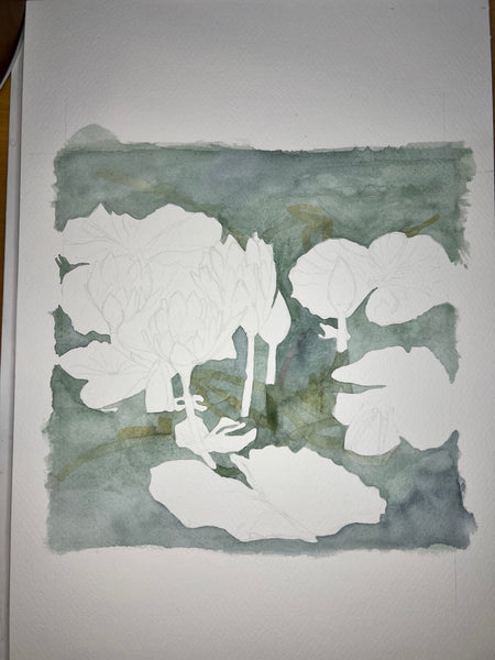 Water Lilies Duke Gardens original watercolor 8 x 8, framed 14 x 14