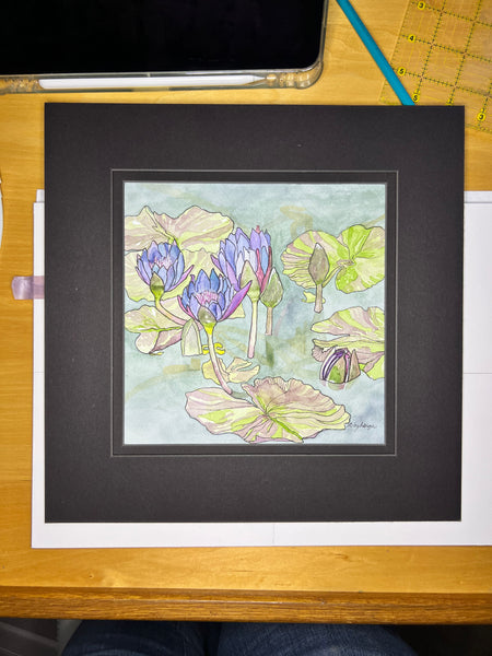 Water Lilies Duke Gardens original watercolor 8 x 8, framed 14 x 14