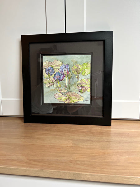 Water Lilies Duke Gardens original watercolor 8 x 8, framed 14 x 14