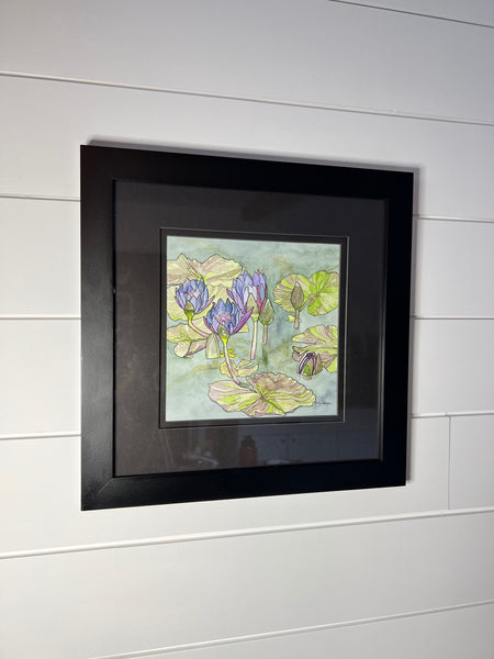 Water Lilies Duke Gardens original watercolor 8 x 8, framed 14 x 14