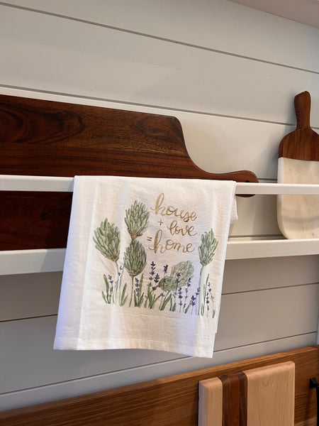 House + Love = Home, kitchen flour sack towel, Mothers Day, Shower gift, Realtor Gifts, Wedding gift for her, New Home, Housewarming