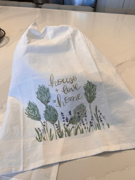 House + Love = Home, kitchen flour sack towel, Mothers Day, Shower gift, Realtor Gifts, Wedding gift for her, New Home, Housewarming