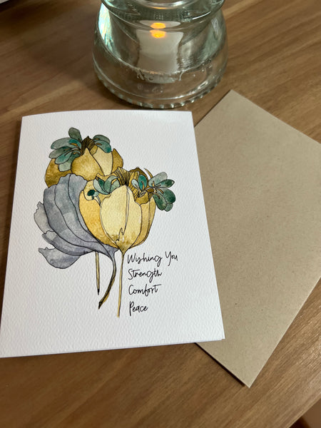 Sympathy Card / strength, comfort and peace / watercolor and ink / single folded card / blank inside / Kraft envelope