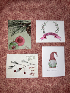 Christmas cards set of 4 / Holiday cards set / Gnome / Ornaments / Pine / Merry Christmas