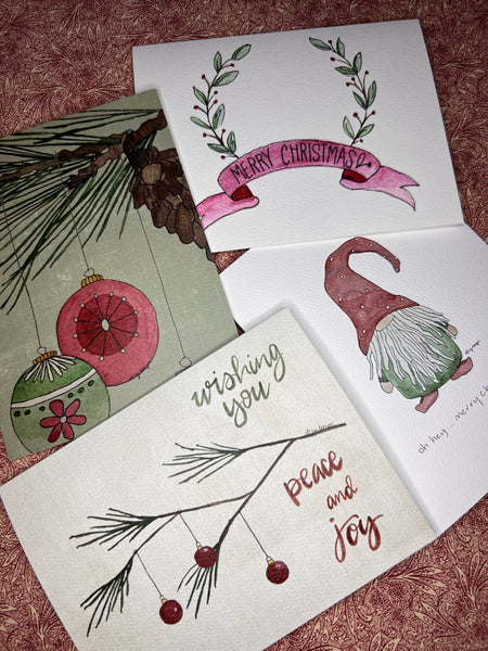 Christmas cards set of 4 / Holiday cards set / Gnome / Ornaments / Pine / Merry Christmas