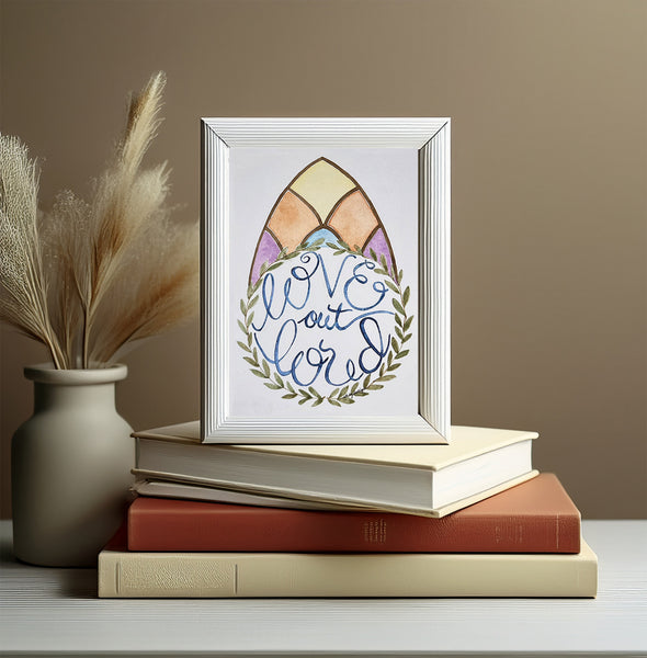 Original Watercolor Painting, Love Out Loud, Stained Glass & Laurel Wreath (5x7)