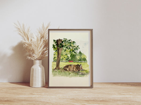 Steer finding shade on the farm, ORIGINAL (not print) 7 X 10 Watercolor Painting