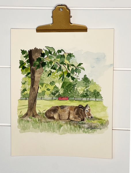 Steer finding shade on the farm, ORIGINAL (not print) 7 X 10 Watercolor Painting