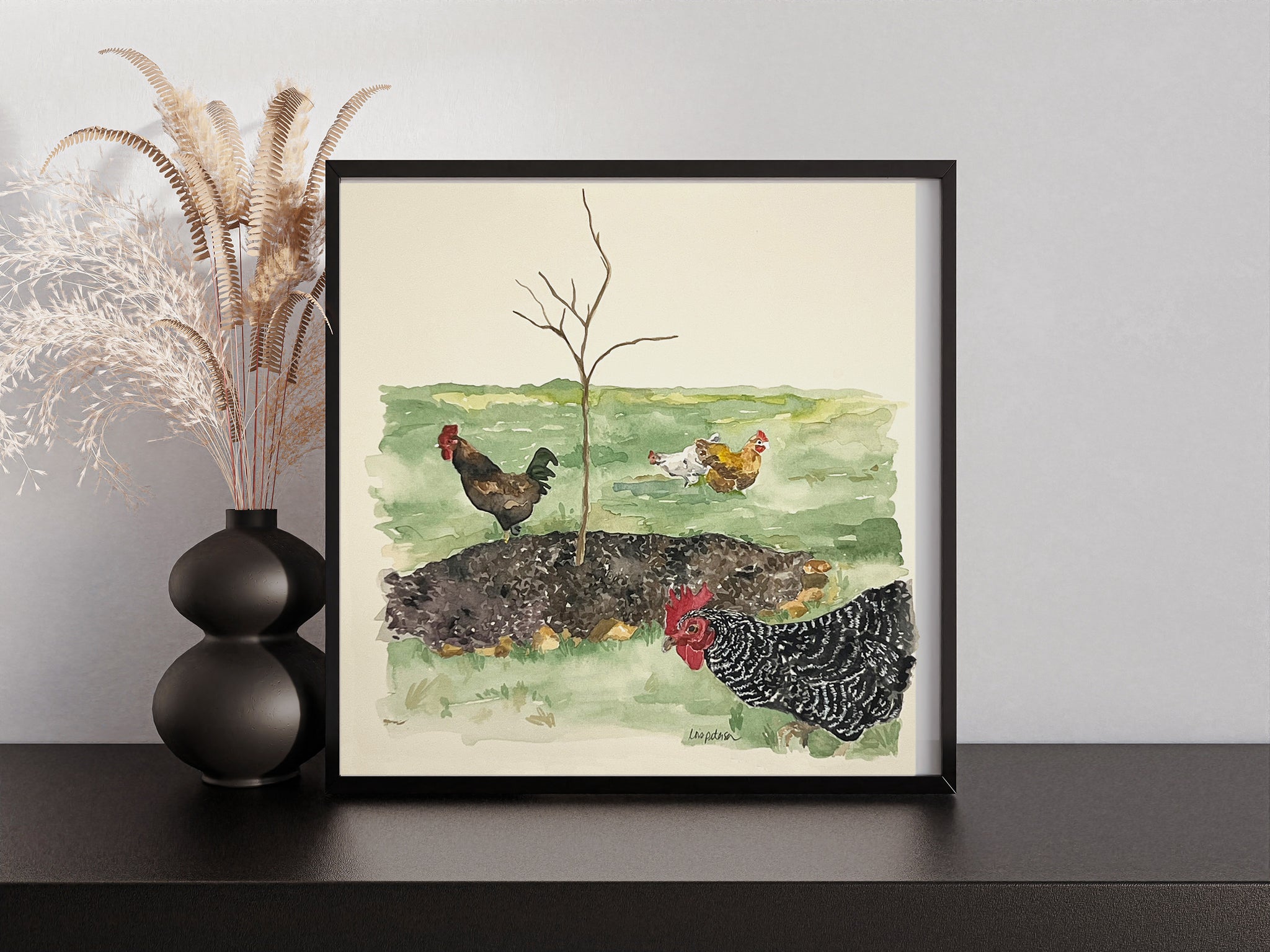 Free ranging chickens, ORIGINAL (not print) 10 X 10 Watercolor Painting
