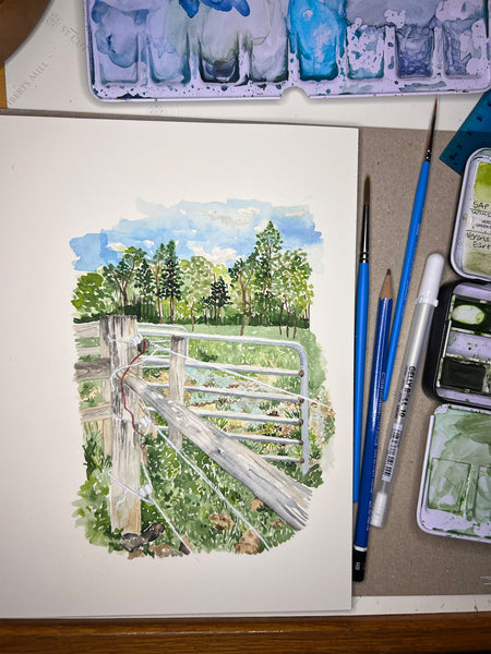 scene from the farm, the stream by the gate, ORIGINAL (not print) 7 X 10 Watercolor Painting