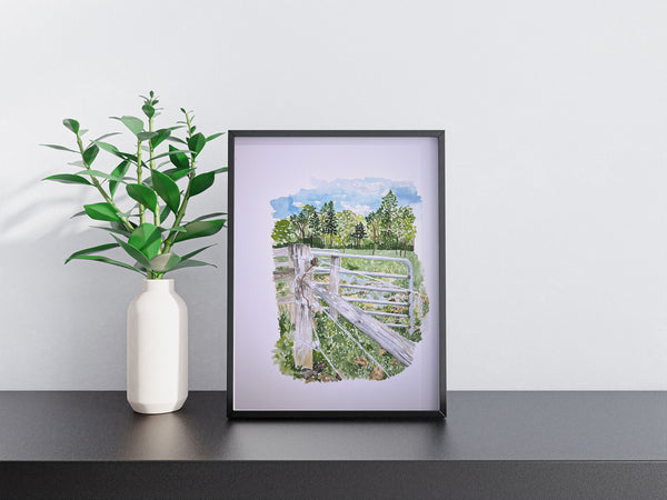 scene from the farm, the stream by the gate, ORIGINAL (not print) 7 X 10 Watercolor Painting