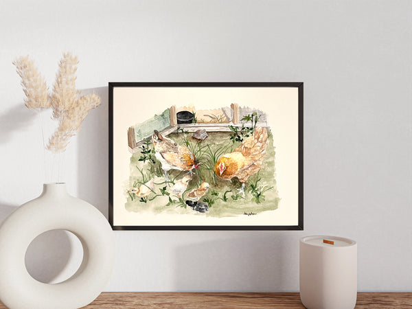 Grandma Hen, Mama Hen and chicks, ORIGINAL (not print) 10 X 7 inches Watercolor Painting