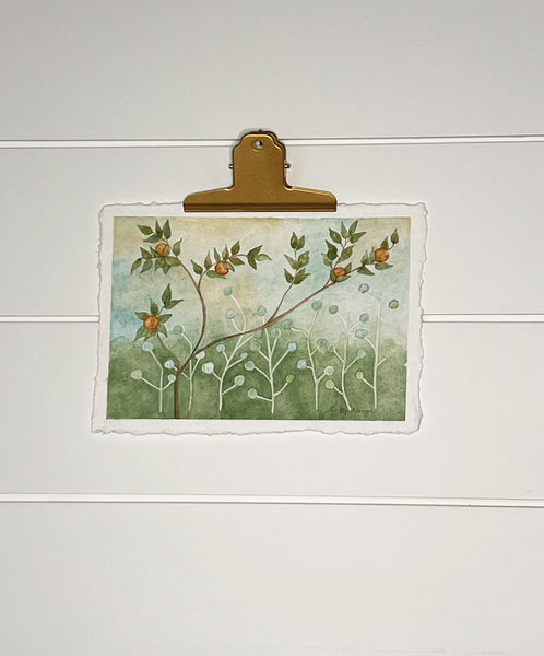Original Watercolor Painting, Fruit Vines Landscape Art (7.75x5.25in)