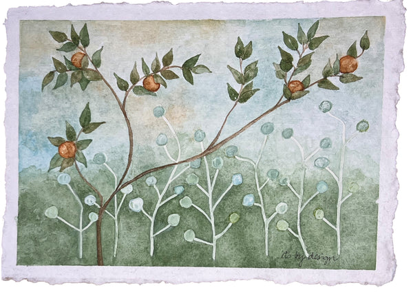 Original Watercolor Painting, Fruit Vines Landscape Art (7.75x5.25in)