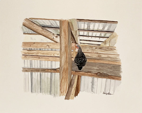 Hen roosting in the rafters, ORIGINAL (not print) 10 X 8 inches Watercolor Painting