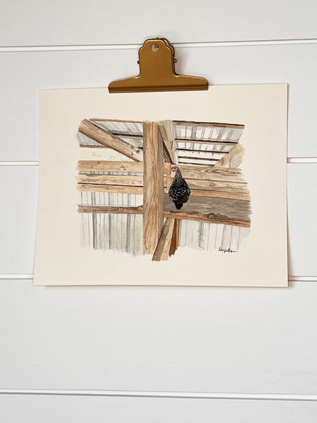 Hen roosting in the rafters, ORIGINAL (not print) 10 X 8 inches Watercolor Painting
