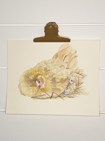 Mama Hen and her chick, ORIGINAL (not print) FRAMED Watercolor Painting