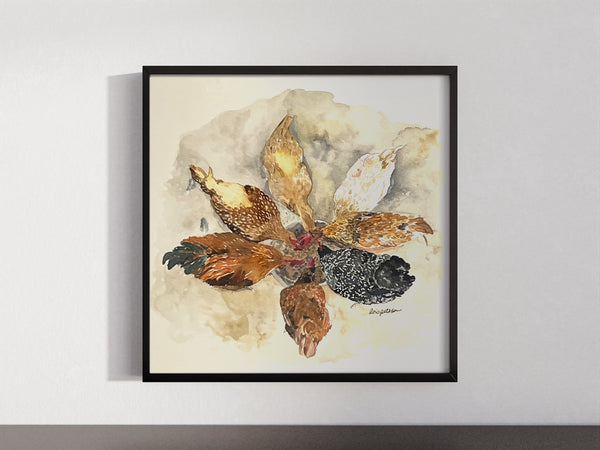 Original Watercolor Painting, "Ladies Who Lunch", 8x8 Chickens Art