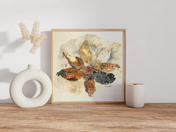 Original Watercolor Painting, "Ladies Who Lunch", 8x8 Chickens Art