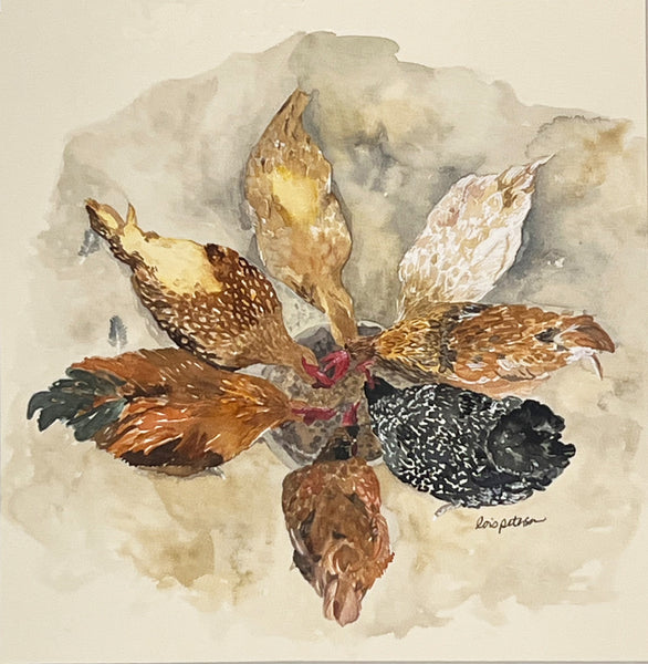 Original Watercolor Painting, "Ladies Who Lunch", 8x8 Chickens Art