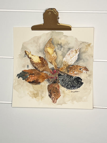 Original Watercolor Painting, "Ladies Who Lunch", 8x8 Chickens Art