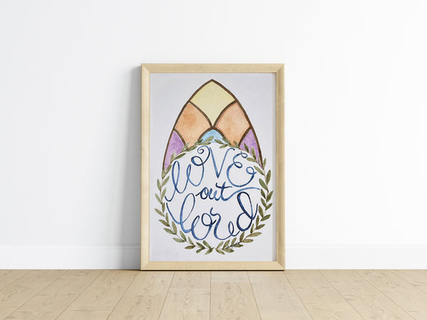 Original Watercolor Painting, Love Out Loud, Stained Glass & Laurel Wreath (5x7)