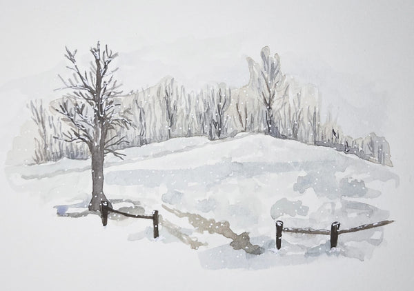 Original Snowy Landscape Watercolor Painting, Winter Farm Scene (6x4)