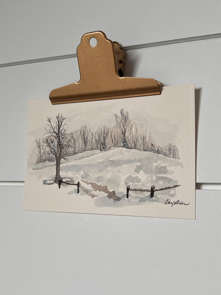 Original Snowy Landscape Watercolor Painting, Winter Farm Scene (6x4)