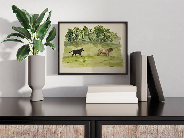 Steers in pasture, ORIGINAL (not print) 10 X 7 Watercolor Painting