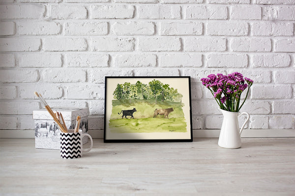 Steers in pasture, ORIGINAL (not print) 10 X 7 Watercolor Painting