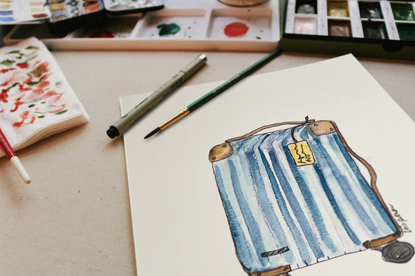 Original (not print) 5 X 7 Watercolor Painting, suitcase, blue stripes