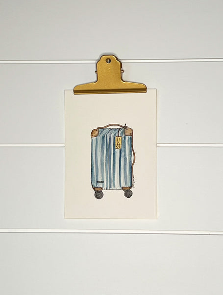Original (not print) 5 X 7 Watercolor Painting, suitcase, blue stripes