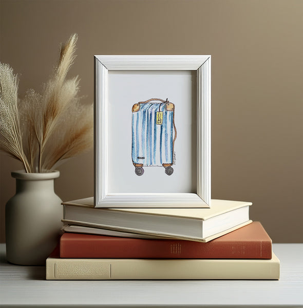 Original (not print) 5 X 7 Watercolor Painting, suitcase, blue stripes