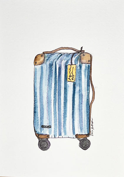 Original (not print) 5 X 7 Watercolor Painting, suitcase, blue stripes