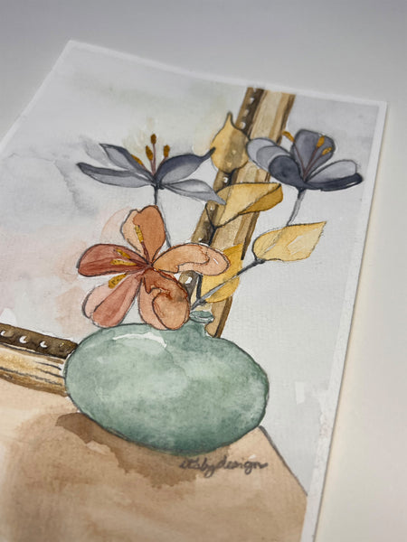 Original (not print) 5 X 7 Watercolor Painting, Vase of flowers in front of a Gold Mirror
