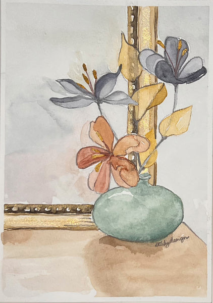 Original (not print) 5 X 7 Watercolor Painting, Vase of flowers in front of a Gold Mirror